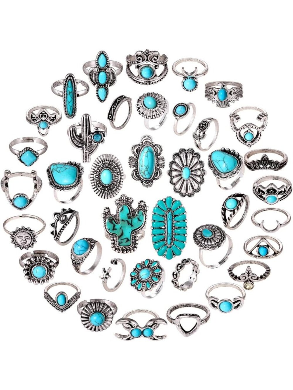 Vintage Silver Knuckle Rings Set - 36-40 Pcs Boho Turquoise Gemstone Jewelry